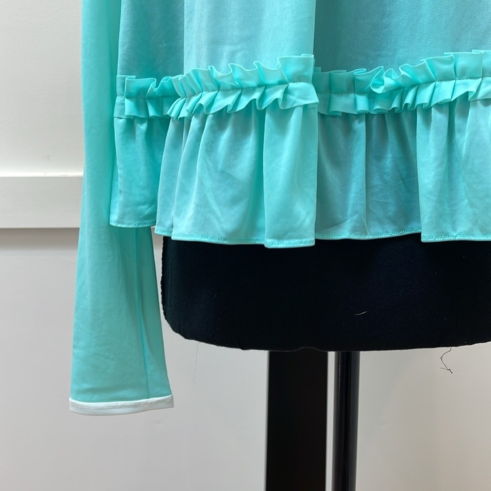 Miu Miu Teal High-Neck Ruffle Hem Long Sleeve Blouse - Picture 3 of 9